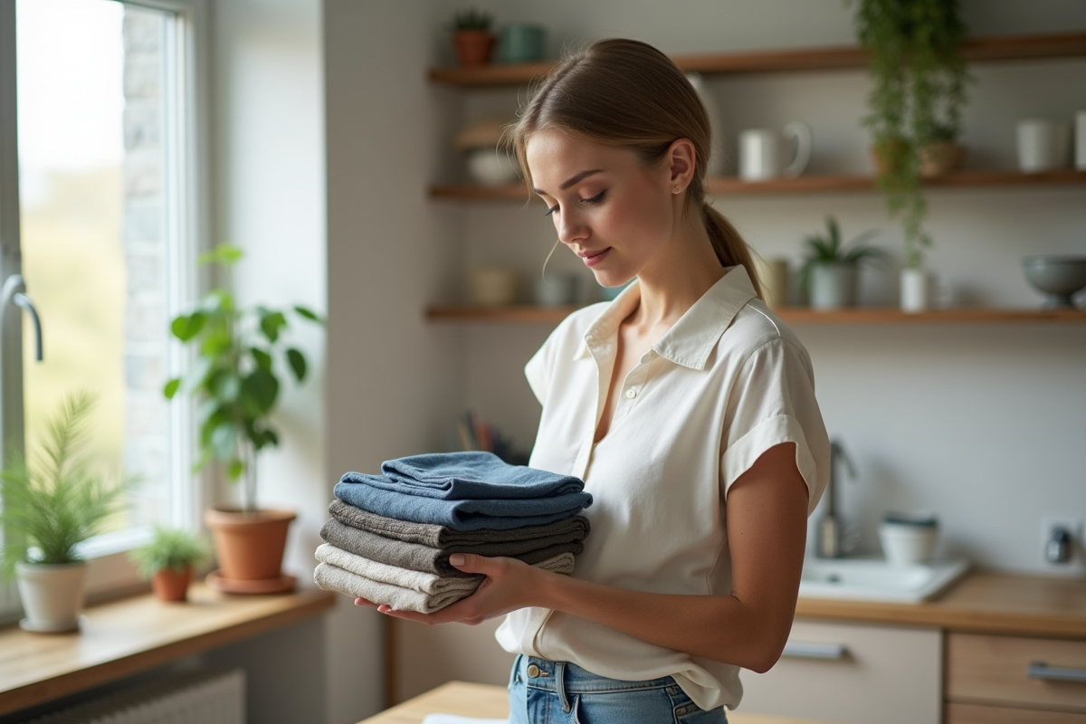 Jeune femme examine quatre échantillons de tissus dans une cuisine lumineuse