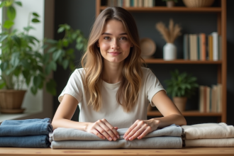 Jeune femme touchant des échantillons de tissus naturels