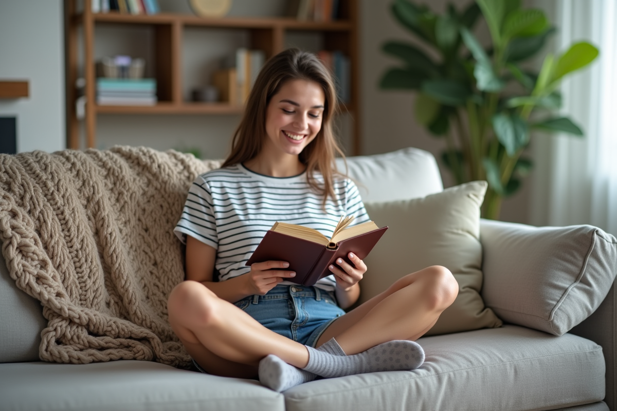Jeune femme assise lisant un livre dans un salon cosy avec chaussettes dépareillées