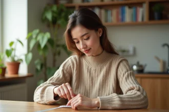 Jeune femme mesurant son doigt avec un ruban dans un intérieur cosy