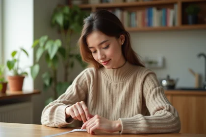 Jeune femme mesurant son doigt avec un ruban dans un intérieur cosy