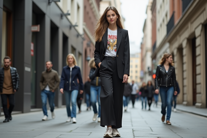 Jeune femme en mode urbaine dans la rue animée