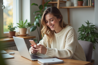 Jeune femme souriante avec smartphone et ordinateur dans un appartement