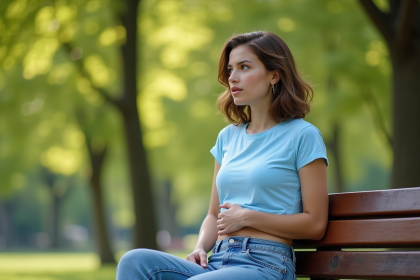 Jeune femme assise sur un banc dans un parc ensoleille, look naturel
