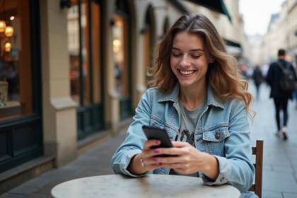 Jeune femme souriante avec smartphone dans un café parisien