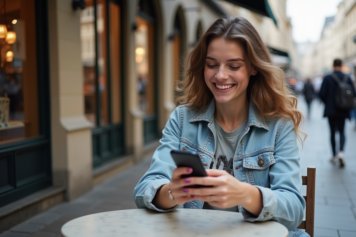 Jeune femme souriante avec smartphone dans un café parisien