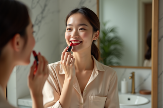 Jeune femme appliquant rouge à lèvres devant miroir lumineux