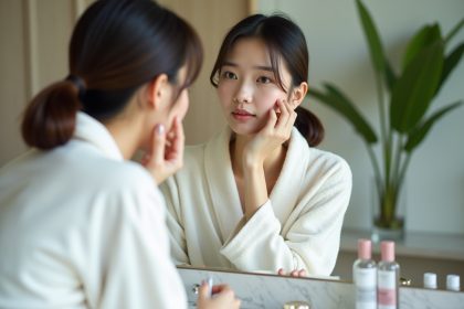 Jeune femme asiatique appliquant un serum visage dans sa salle de bain