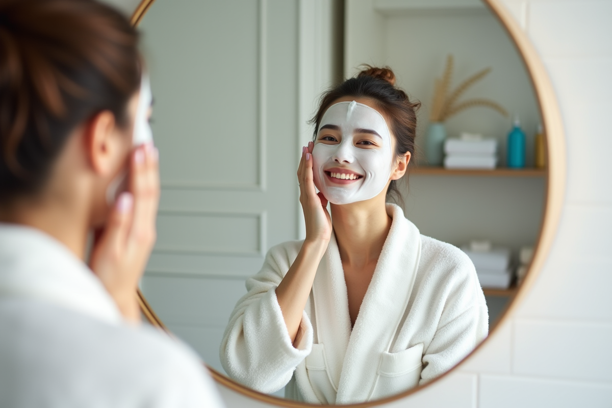 Jeune femme appliquant un masque visage dans sa salle de bain