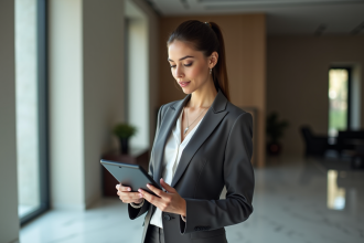 Jeune femme élégante avec tablette dans un bureau moderne