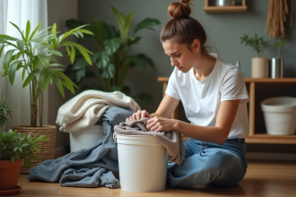 Jeune femme trie des vêtements pour recyclage dans un intérieur écologique