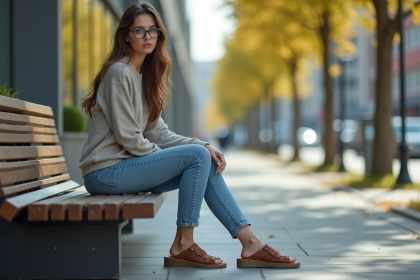 Jeune femme assise en ville portant des sandales Scholl
