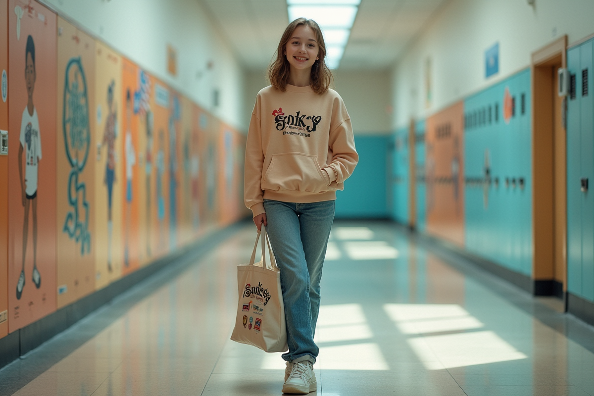 Jeune fille mode posant dans un couloir scolaire
