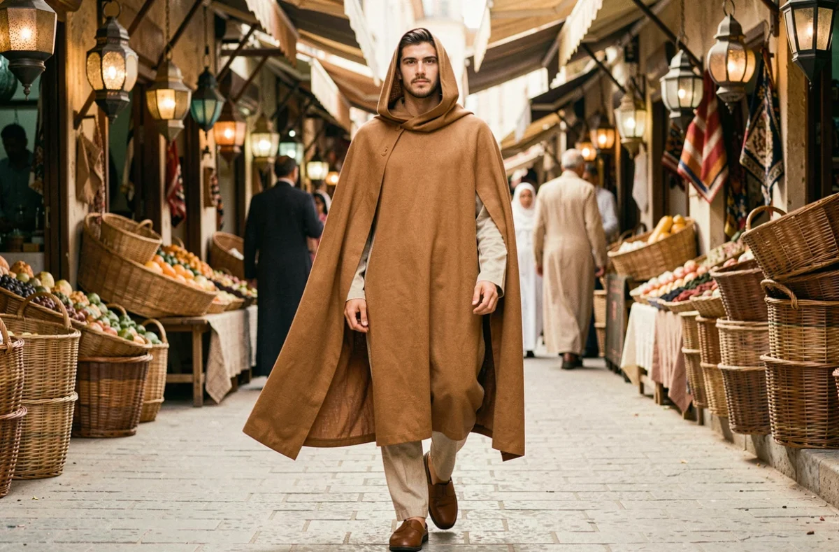 Jeune homme en burnous camel marchant dans un souk animé avec babouches et pantalon en lin