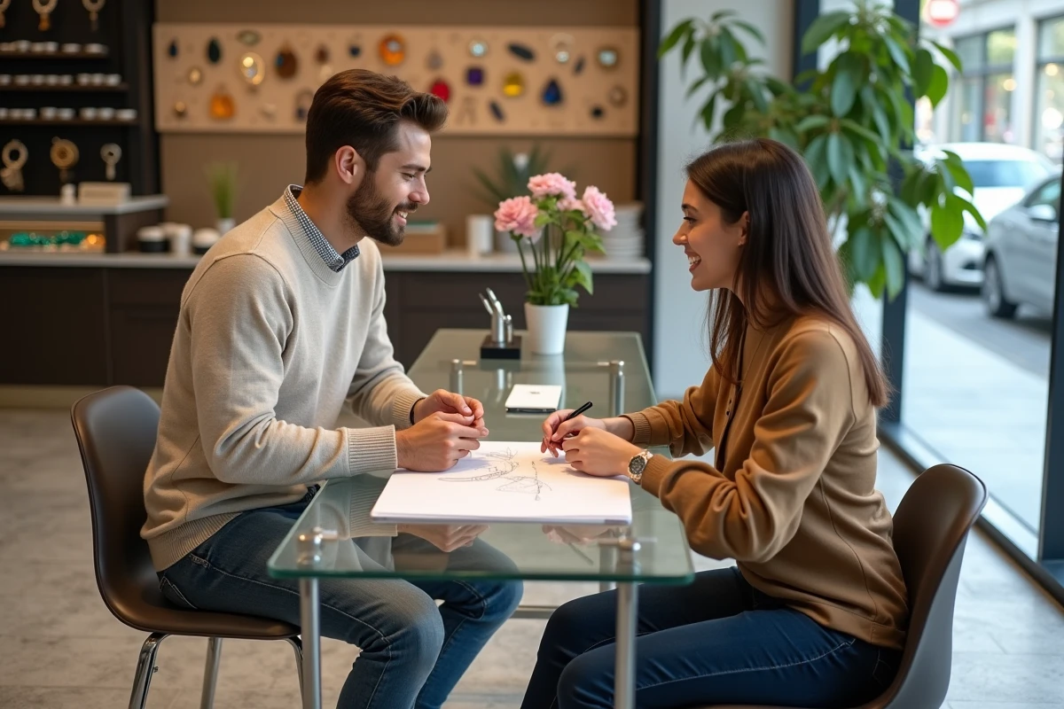 Jeune homme discutant avec un bijoutier autour d’un collier personnalisé