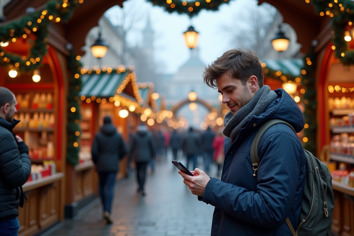 Jeune homme regardant son smartphone devant marche de Noel