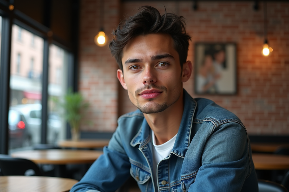 Jeune homme montrant ses lèvres gloss ombré dans un café