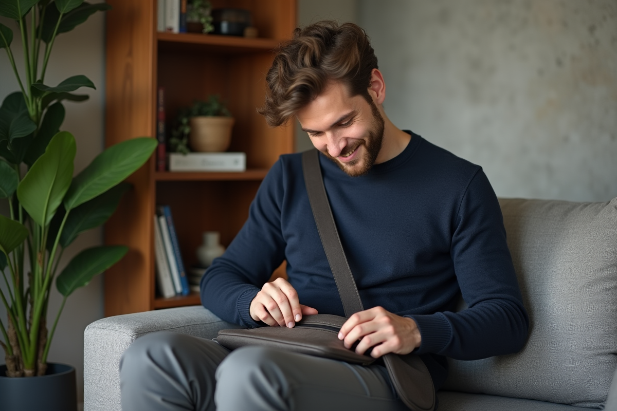 Jeune homme en intérieur vérifiant son sac en toile moderne