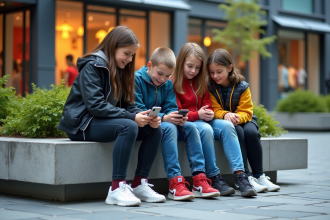 Groupe de jeunes assis sur un banc urbain en extérieur