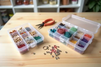 Kit de bracelet pour débutant avec perles colorées, fil élastique, fermoirs et pinces présentés dans une boîte de rangement sur une table en bois