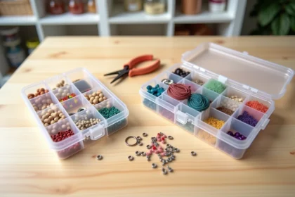 Kit de bracelet pour débutant avec perles colorées, fil élastique, fermoirs et pinces présentés dans une boîte de rangement sur une table en bois