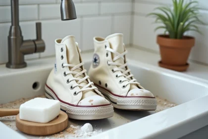 Paire de Converse blanches sales posées sur un évier avec une brosse et du bicarbonate de soude pour le nettoyage