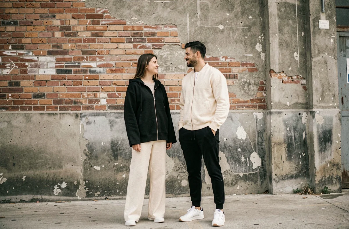 Duo homme et femme en looks Grvty coordonnés devant un mur industriel, style streetwear moderne