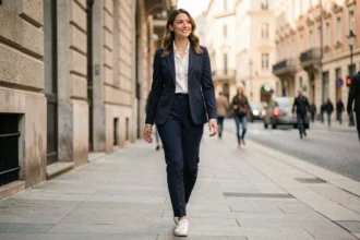 Femme en tenue Grvty tendance marchant dans une rue urbaine européenne, look moderne et élégant