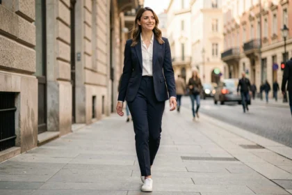 Femme en tenue Grvty tendance marchant dans une rue urbaine européenne, look moderne et élégant