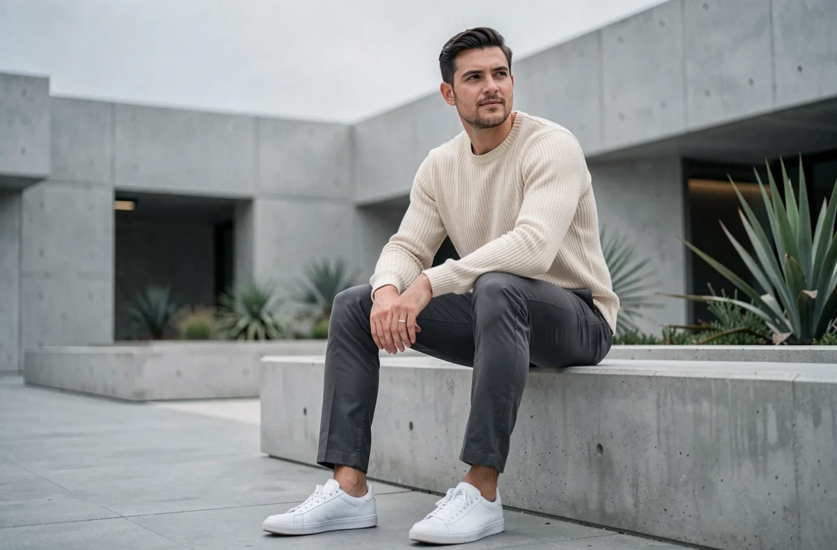 Homme en look Grvty casual chic assis dans une place moderne, style minimaliste tendance