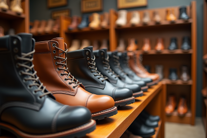 Intérieur lumineux d un magasin de chaussures avec des bottes Schott bien rangées