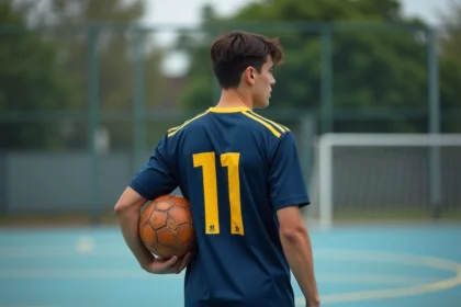 Jeune fan portant un maillot Blue Lock numéro 11 sur un terrain de football urbain