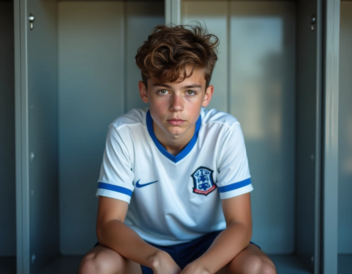 Adolescent en maillot Blue Lock blanc et bleu électrique dans un vestiaire de football