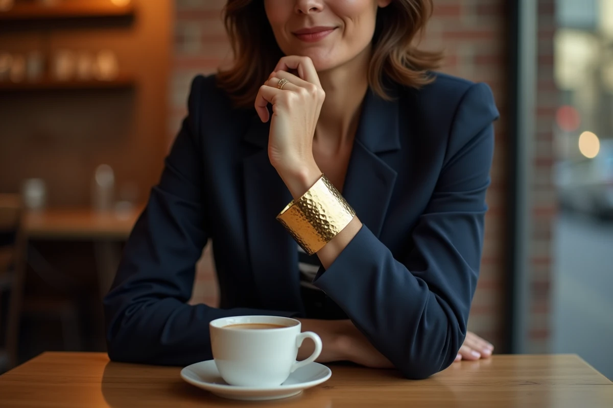 Femme portant une manchette large dorée au poignet dans un café parisien avec blazer marine