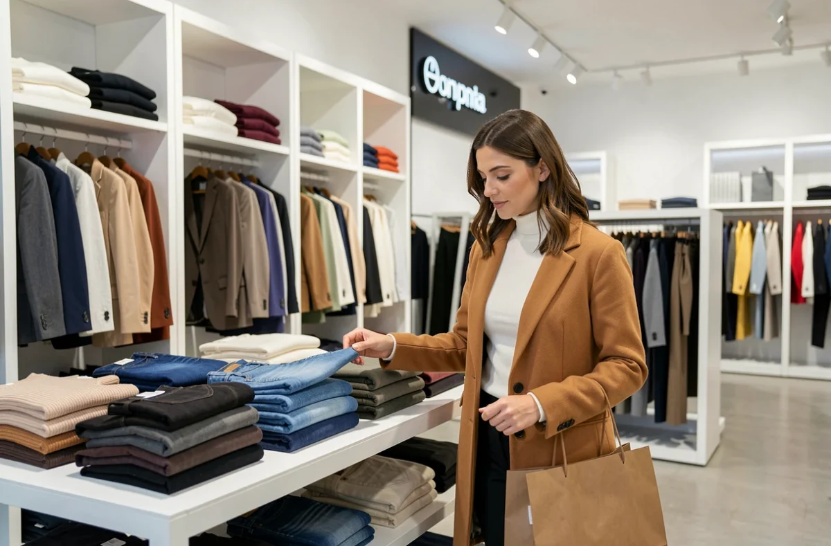 Femme en manteau camel examinant des jeans pliés dans le magasin Mango du centre-ville d'Avignon avec un intérieur moderne aux murs blancs