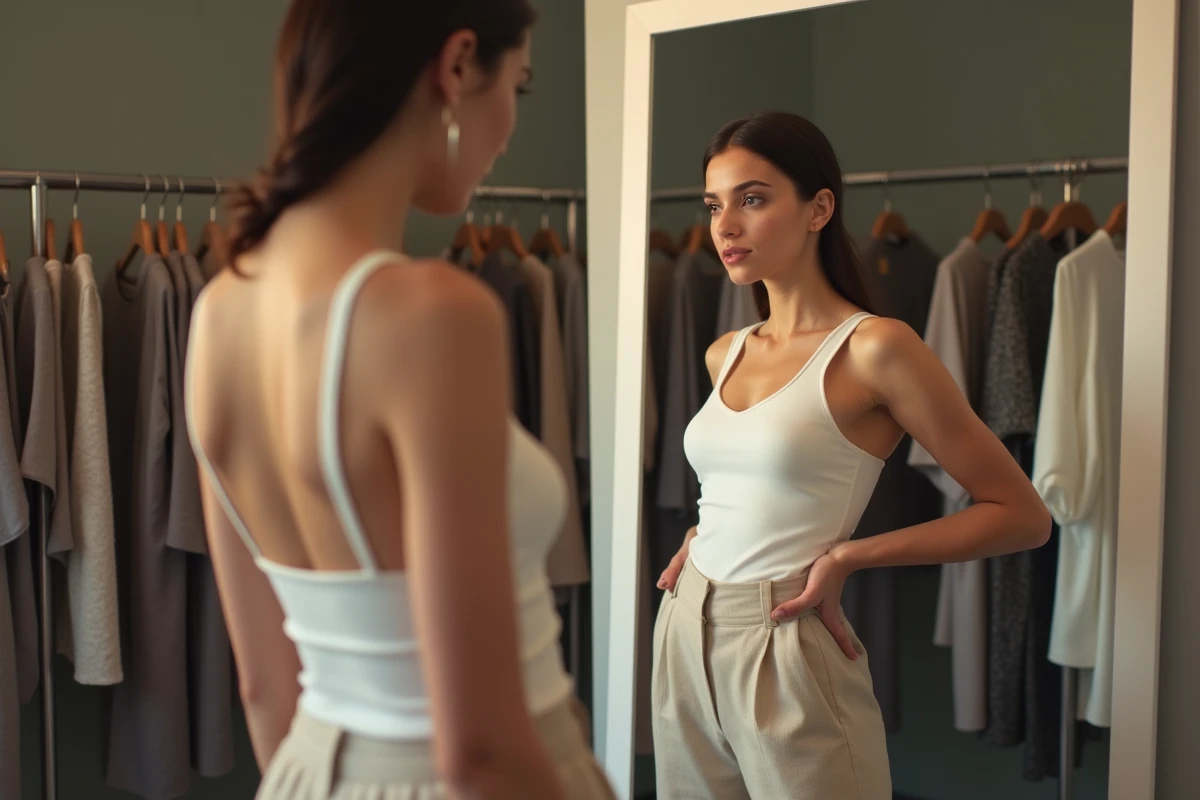 Mannequin femme vérifiant sa posture devant un miroir en pied dans une cabine d'essayage d'agence de mannequinat