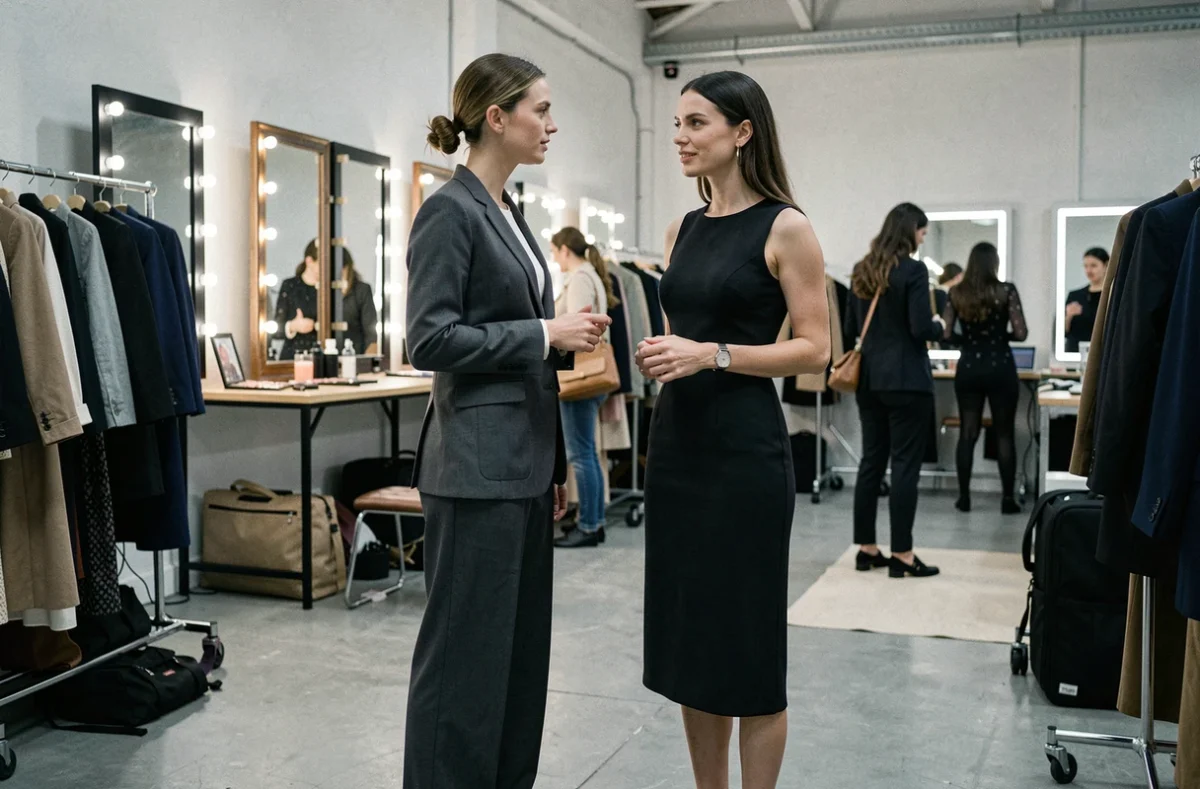 Deux mannequins de grande taille en coulisses d'un défilé de mode, comparaison naturelle de silhouettes