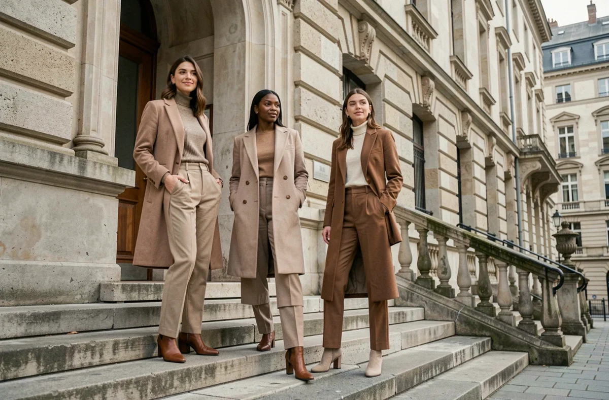 Groupe de mannequins en extérieur devant un bâtiment néoclassique, comparatif de tailles en tenue prêt-à-porter