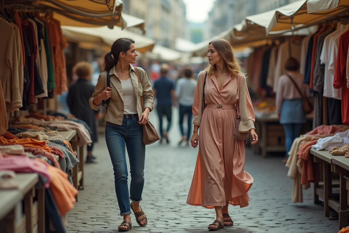 Deux femmes au marché aux puces examinant une robe vintage trop grande, exemple d'erreur de taille dans le style vestimentaire rétro