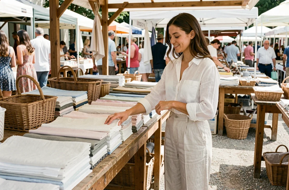 Femme en tenue en lin écru choisissant des tissus légers sur un marché estival, conseils matières printemps-été WANABEE