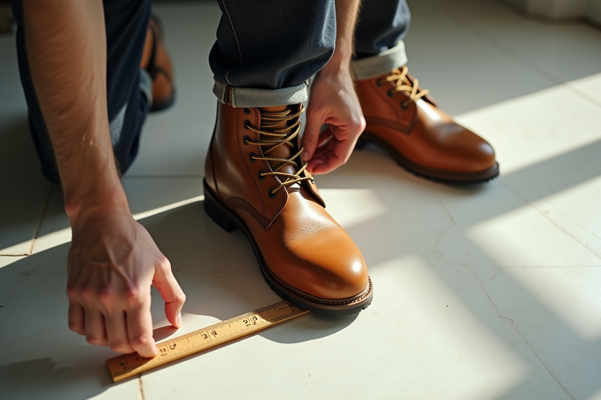 Mains mesurant un pied à côté d une paire de bottes Schott sur un sol lumineux