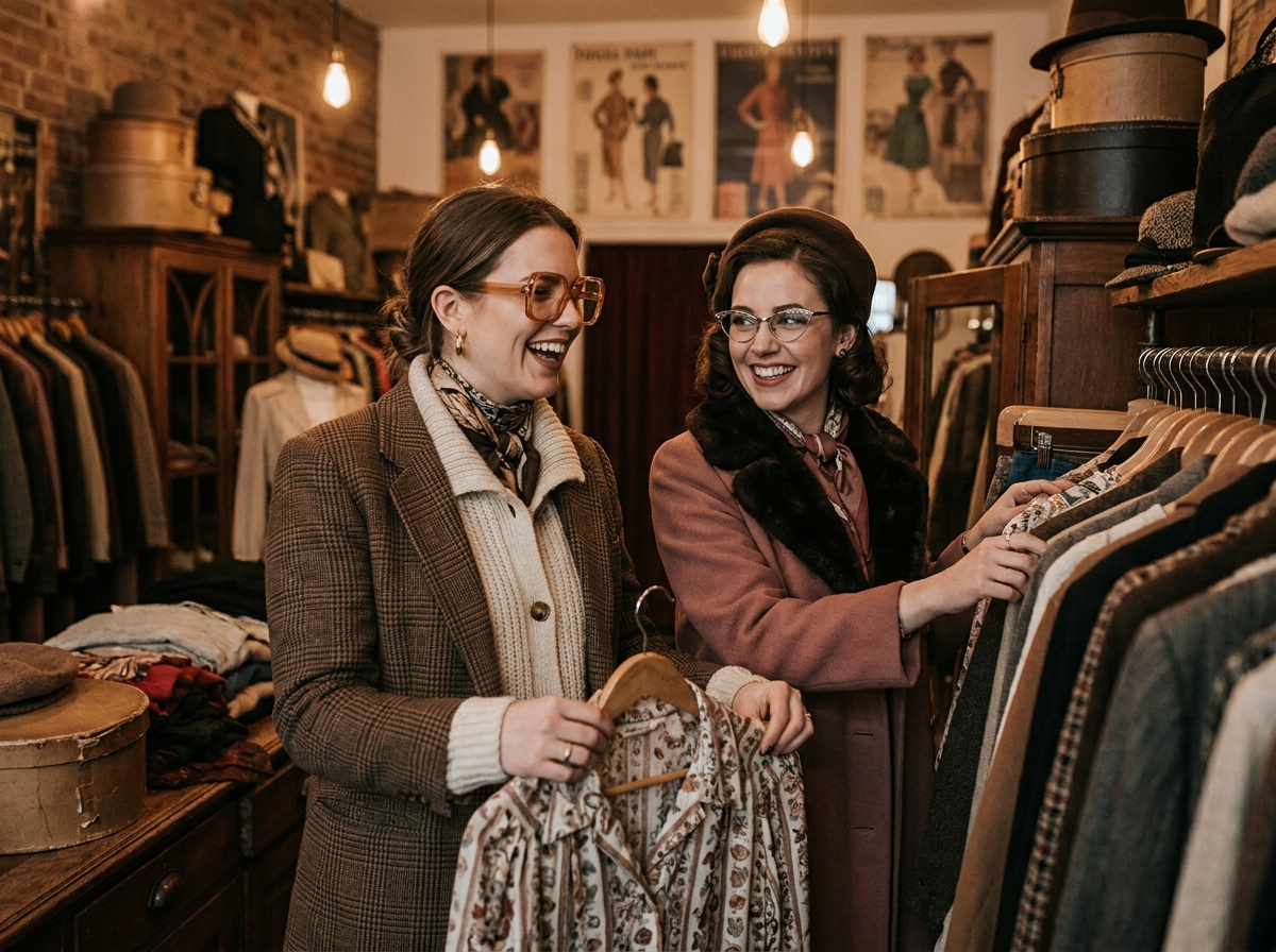 Deux amies essayant des lunettes vintage dans une boutique de vêtements d'occasion en hiver 2026