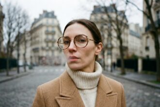 Femme portant des lunettes vintage tortoiseshell et un manteau en laine camel dans une rue parisienne en hiver 2026