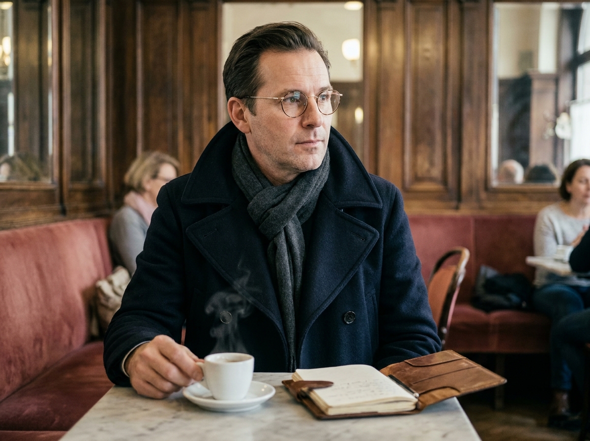 Homme en manteau bleu marine avec lunettes rondes dorées vintage dans un café viennois en hiver