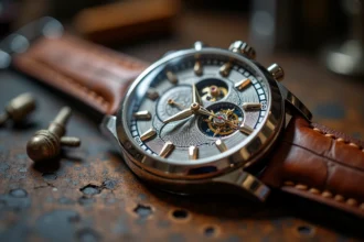 Gros plan d'une montre de luxe mécanique sur un établi d'horloger genevois, révélant le mouvement finement travaillé à travers le fond saphir