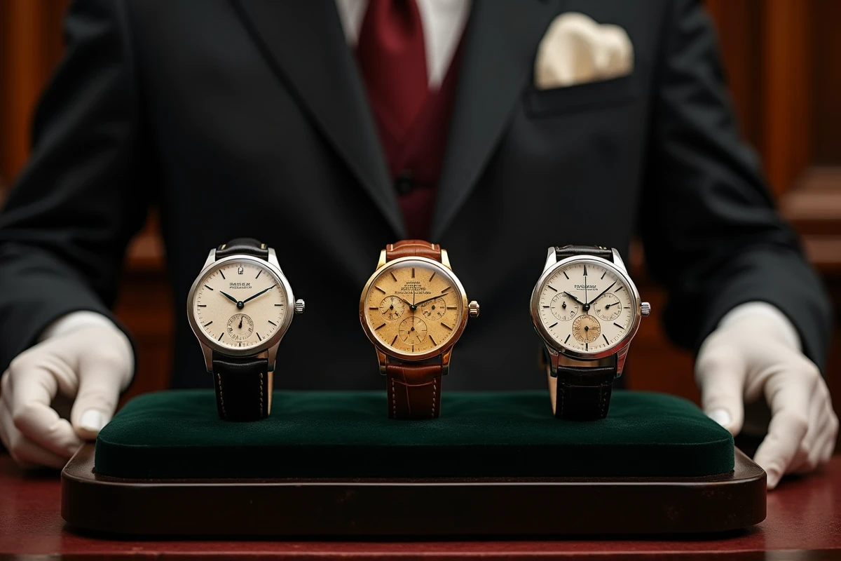 Trois montres de collection exceptionnelles exposées sur un plateau en velours noir lors d'une vente aux enchères horlogère à Londres