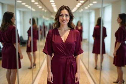 Femme confiante avec morphologie en sablier portant une robe portefeuille bordeaux dans une cabine d'essayage avec miroirs