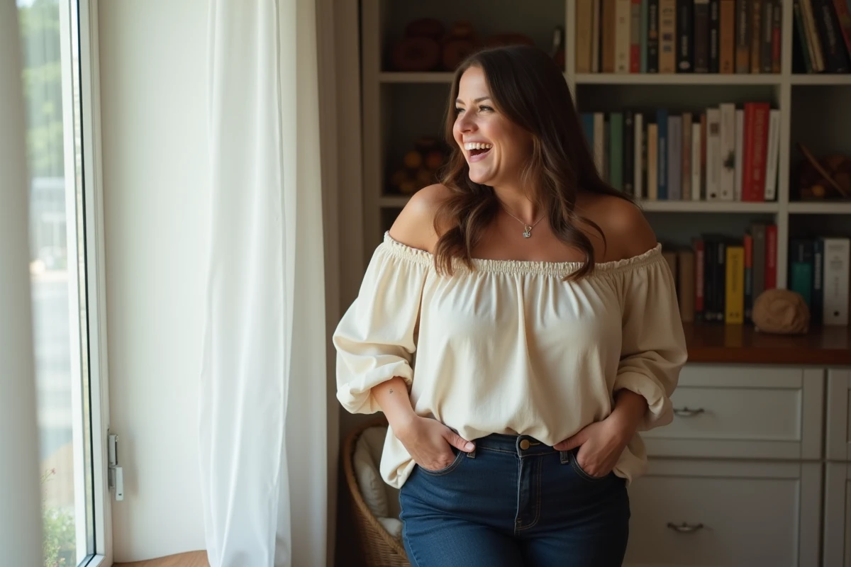 Femme avec morphologie en poire portant un jean indigo et un chemisier ivoire, riant naturellement dans un intérieur cosy lumineux