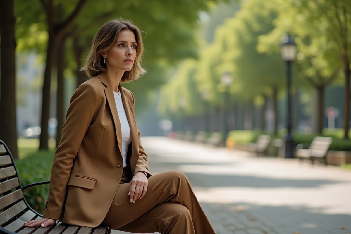 Femme avec morphologie rectangulaire habillée en tailleur camel assise sur un banc en parc urbain, expression sereine et confiante