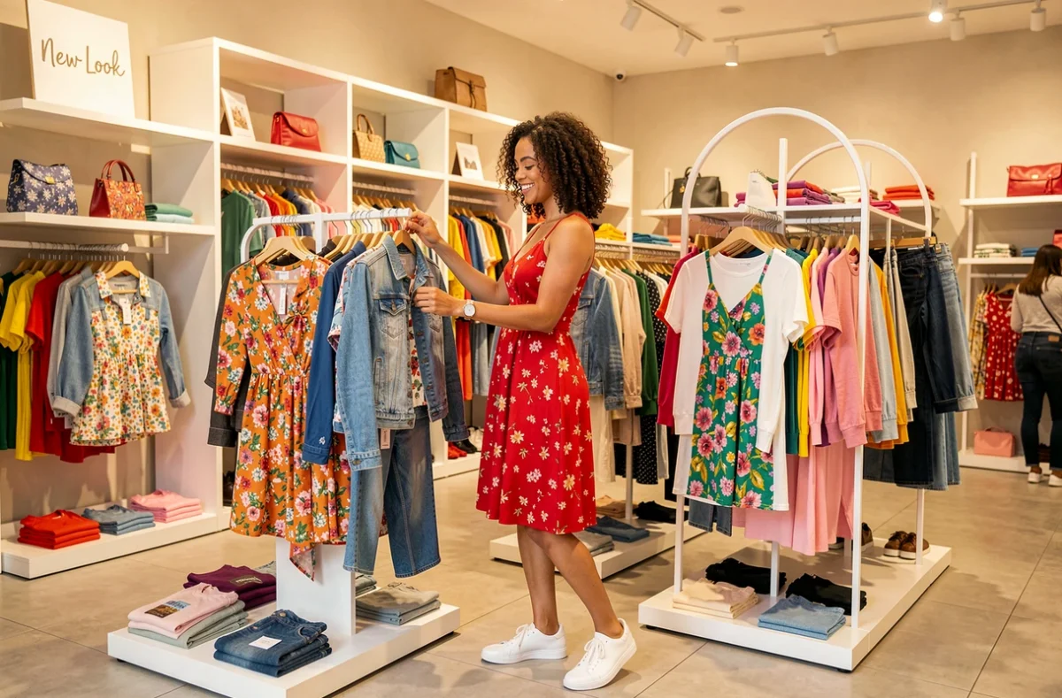 Jeune femme aux cheveux bouclés en robe florale rouge choisissant des vêtements dans le magasin New Look d'Avignon avec des rayonnages colorés et lumineux
